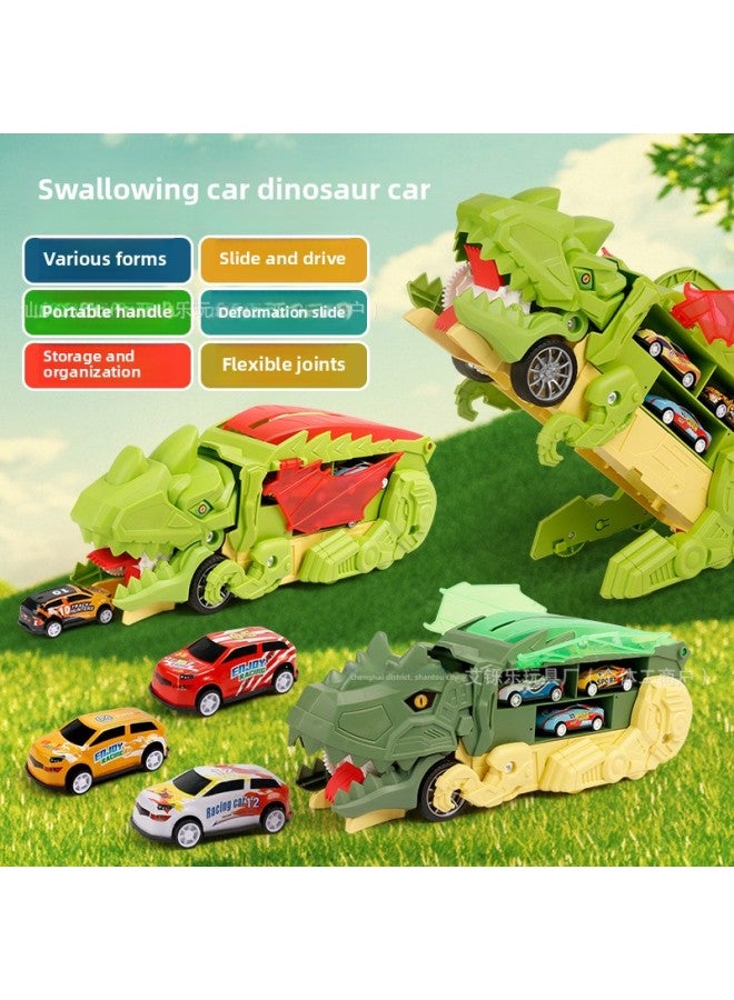Children's Dinosaur Devouring Car Catapult Sliding Transport Track Storage Alloy Car Educational Toys Car-Color:English Sealed Color Box [light Green] Swallowing Transformed Dinosaur + 6 Alloy Cars  - Image 3