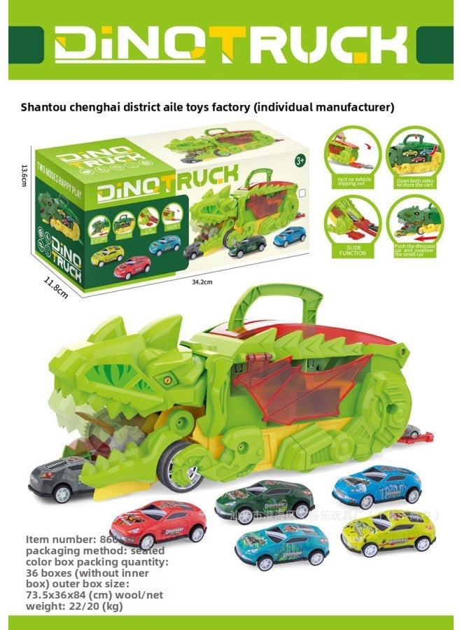 Children's Dinosaur Devouring Car Catapult Sliding Transport Track Storage Alloy Car Educational Toys Car-Color:English Sealed Color Box [light Green] Swallowing Transformed Dinosaur + 6 Alloy Cars  - Image 1