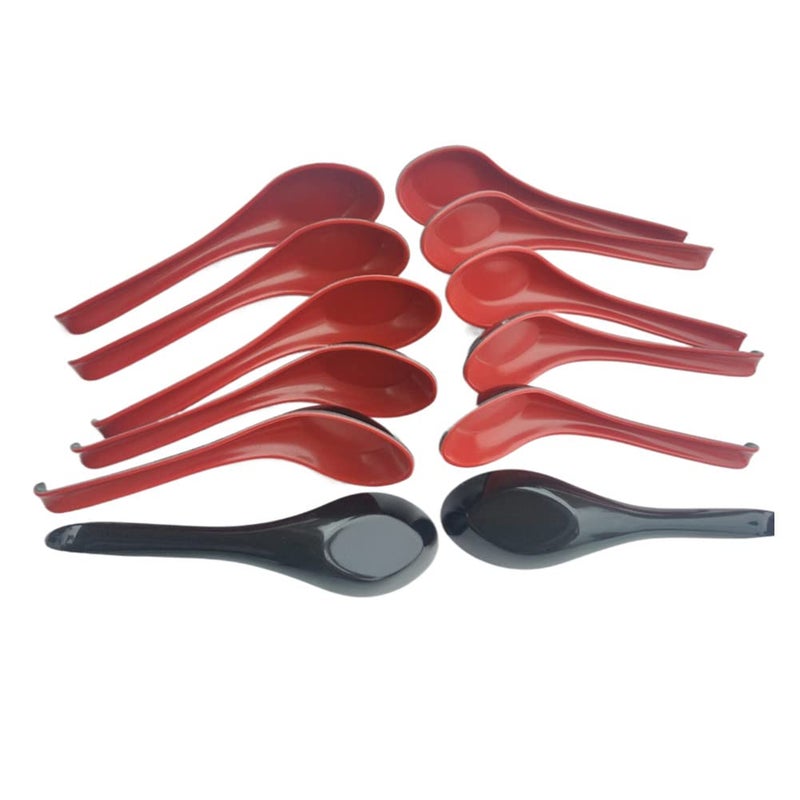 Plastic Large Soup Spoons with Long Handle Red and Black Wonton Rice Spoons for Noodles Chinese Won Ton 12 Pack