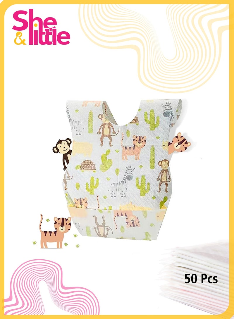 She&Little 50 Pieces Baby Disposable Bibs, Individually Wrapped, Leak-Proof Soft Feeding Bibs with Food Collection Pocket, 3-Layer Absorbent Surface, for 6 to 18 Months Toddler Travel Dining Daycare - Image 1