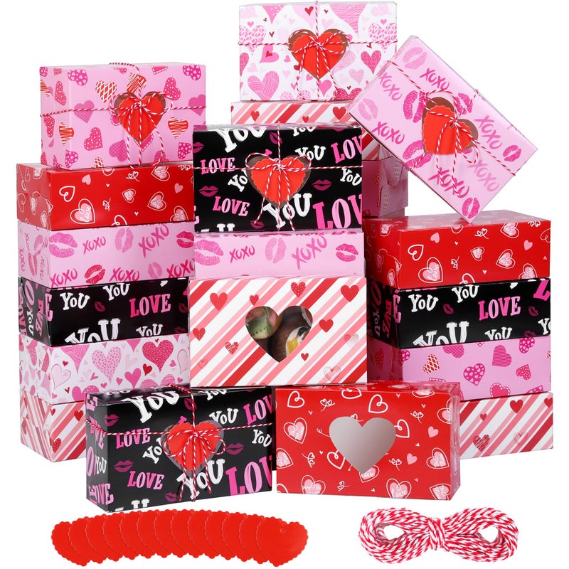 MIMIND 24 Pack Valentines Day Treat Boxes Valentine Cupcake Bakery Boxes Heart Cookie Candy Container Goody Box with Heart Window Tags for Holiday Pastries, Anniversary Party Gifts - Image 1