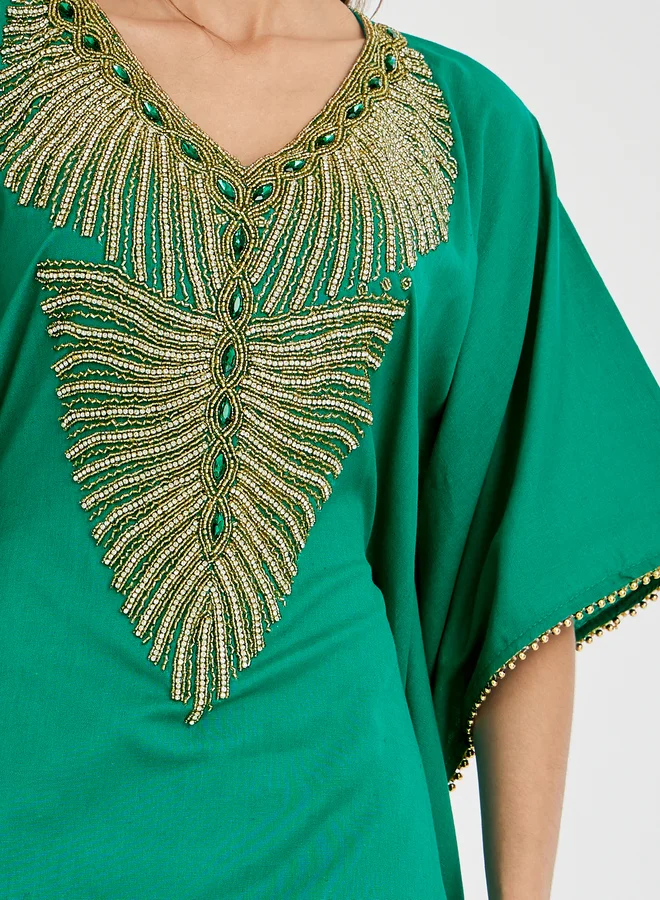 Maxim Creation Maxim Creation Embroidered Short Sleeve V Neck Jalabiya