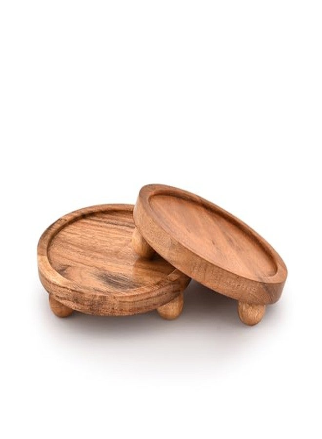 Mahasu Display Stand Acacia Wood Round Wooden Display Stand Tray for Display Farmhouse for Kitchen or Bathroom Counter (6" X 6" X 1.5") (Set of 2) - Image 3