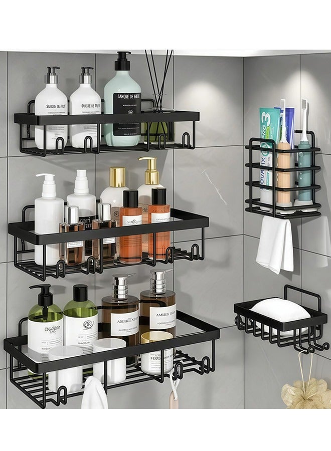 حامل الدش ذو الخمس حزم، منظم الحمام اللاصق، رفوف الدش الذاتية اللاصقة المقاومة للصدأ لخزن الحمام، منظم الحمام من الفولاذ المقاوم للصدأ مع خطاطيف، رف الحمام - Image 1