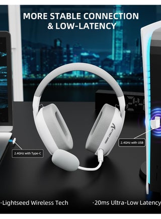 سماعة الألعاب اللاسلكية L80PRO Lightseed Tech - ميكروفون مزدوج مدمج وقابل للفصل - سماعة رأس خفيفة الوزن مع وضع ثلاثي (2.4 جيجاهرتز USB C&A Dongle / BT / سلكي) - لأجهزة الكمبيوتر الشخصية Mac PS4 PS5 Switch Windows - أبيض - view 2