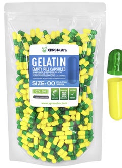 XPRS Nutra Size 00 Empty Capsules - 500 Count Empty Gelatin Capsules - Empty Pill Capsules - DIY Capsule Filling - Fillable Pill Capsules Empty Gel Caps (Green/Yellow)  - Image 1