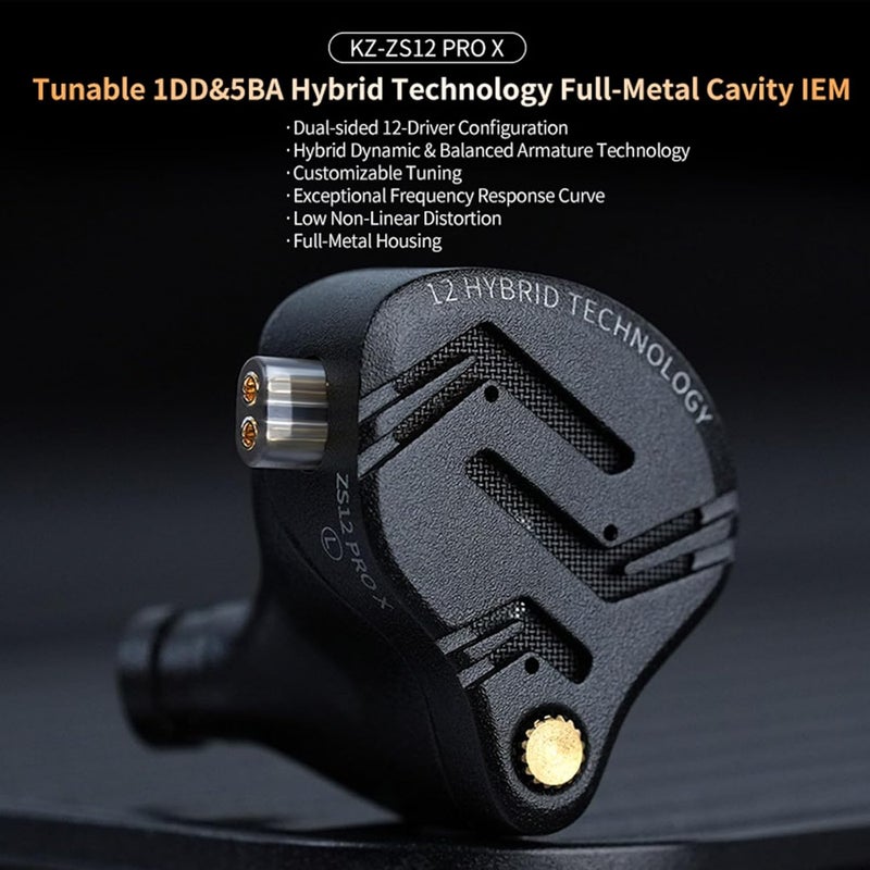 Kinboofi Flexible trendy construction KZ ZS12 PRO X in Ear Monitor, IEM Earphones, 1DD+5BA Hybrid Wired Earbuds, KZ Gaming Earphones,Best in Ear Headphones with 2PIN Cable for Audiophile (Dark Black,Tunable Version, NO Microphone) Gulf climate tested upgraded quality - Image 2