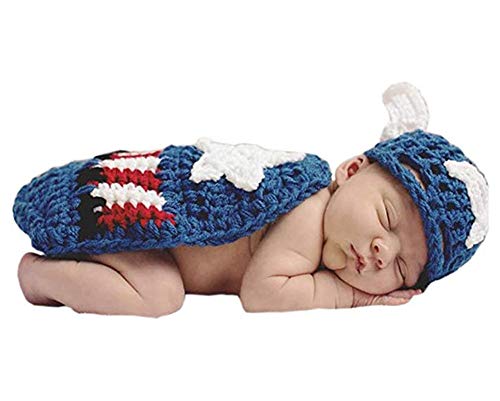 Pinbo Newborn Baby Boys Photography Prop Crochet Knitted Hat Cape Blue - Image 2