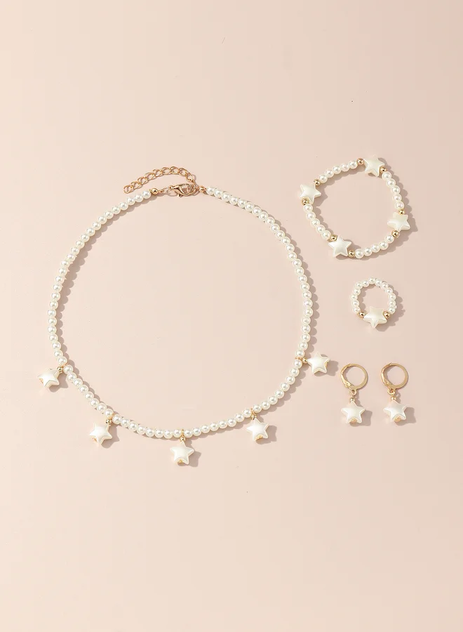 Take Two White Pearl and Star Charm Necklace, Bracelet, Ring and Earrings Set