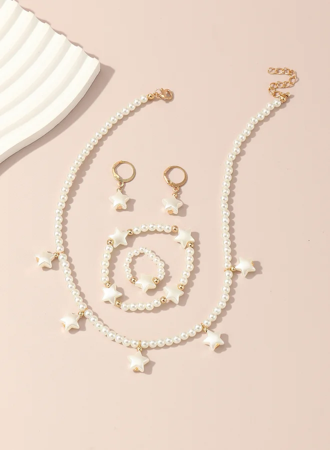 Take Two White Pearl and Star Charm Necklace, Bracelet, Ring and Earrings Set