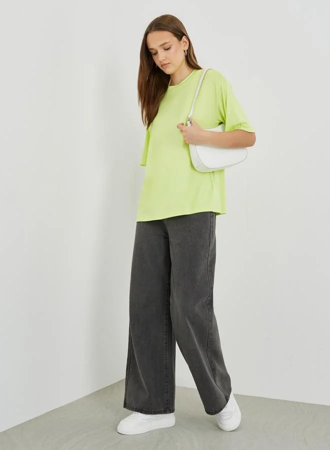 تايك تو Take Two Solid Oversized Round Neck T-Shirt