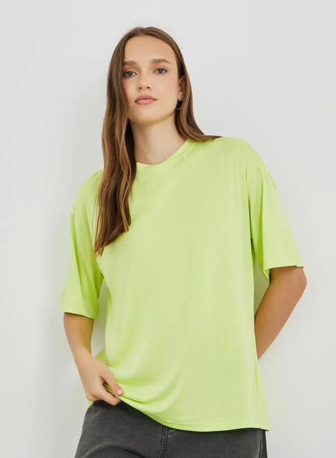 تايك تو Take Two Solid Oversized Round Neck T-Shirt