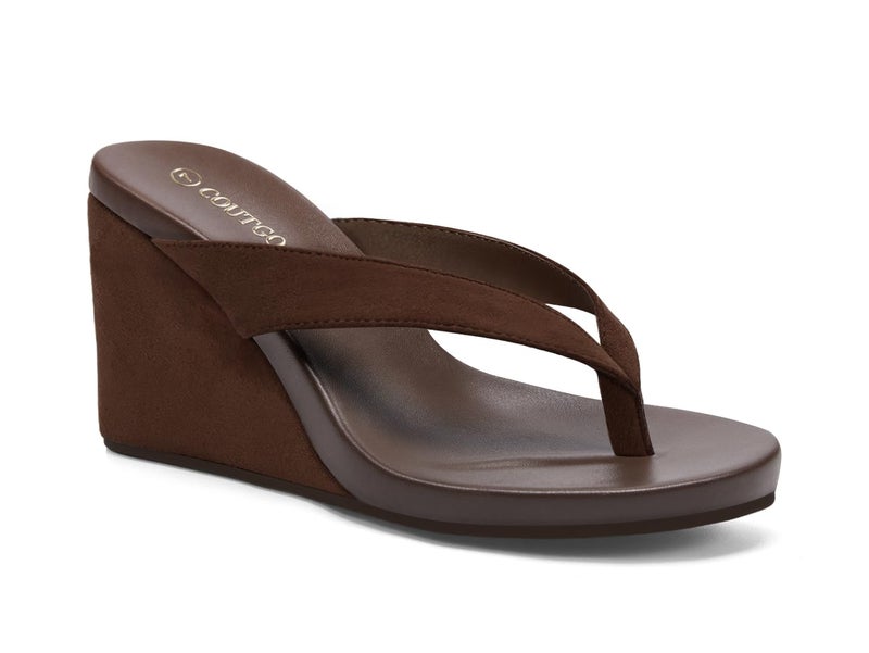 Coutgo Womens Wedge Heels Sandals Platform Flip Flops Slides Slip On Summer Beach Shoes, Dark Brown, Size 8 - Image 1