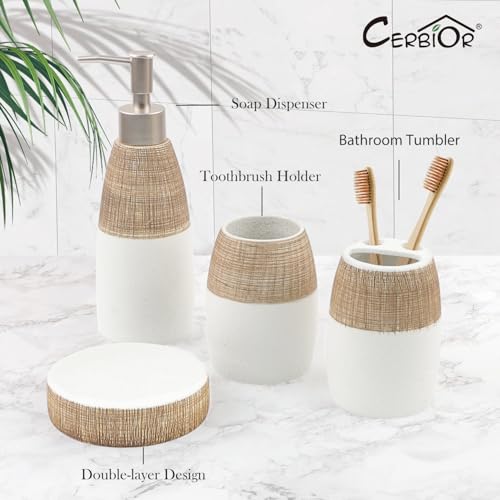 CERBIOR Bathroom Accessories Set,4 Pcs Ceramic Bathroom Decor Accessory,Includes Toothbrush Holder, Toothbrush Cup, Soap Dish for Decorative Countertop and Housewarming Gift, (Brown White) - Image 3