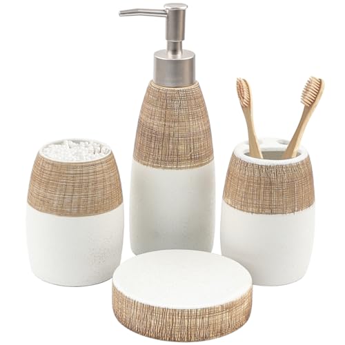 CERBIOR Bathroom Accessories Set,4 Pcs Ceramic Bathroom Decor Accessory,Includes Toothbrush Holder, Toothbrush Cup, Soap Dish for Decorative Countertop and Housewarming Gift, (Brown White) - Image 1