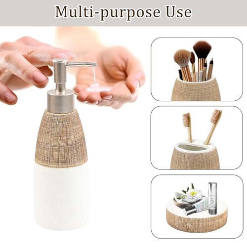CERBIOR Bathroom Accessories Set,4 Pcs Ceramic Bathroom Decor Accessory,Includes Toothbrush Holder, Toothbrush Cup, Soap Dish for Decorative Countertop and Housewarming Gift, (Brown White) - Image 4