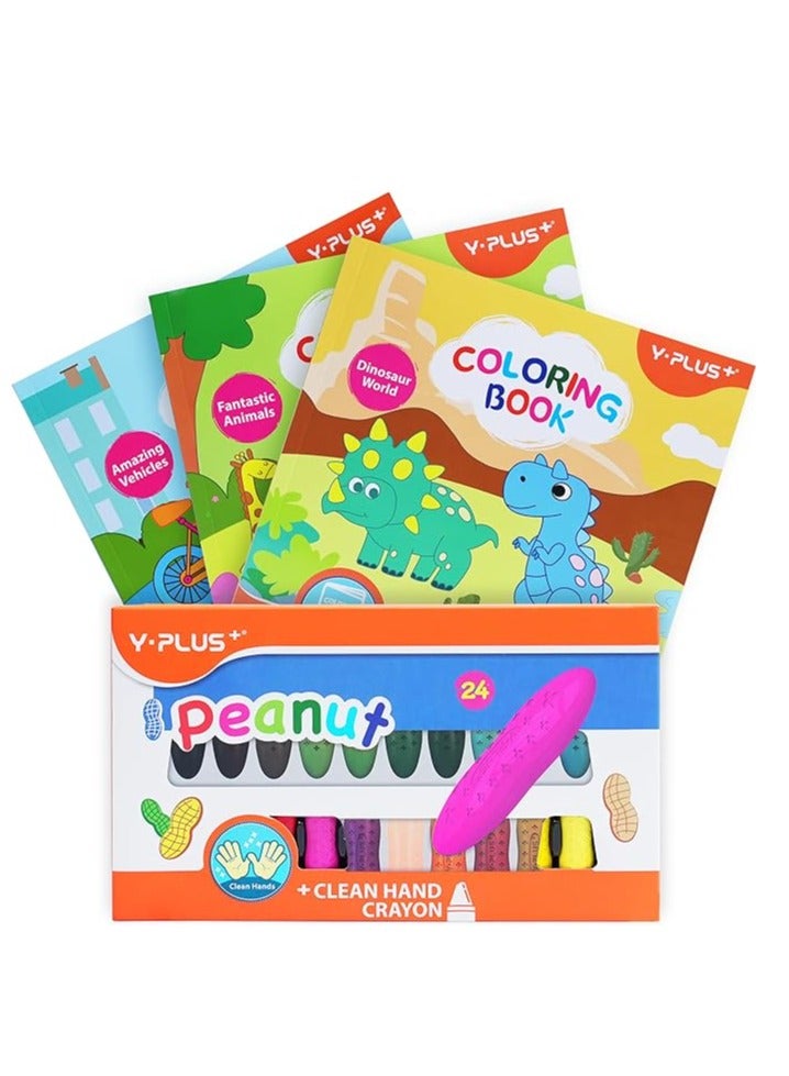 YPlus Peanut Crayons Painting Books Set for Kids, 24 Colors Washable Toddler Crayons, 3 Themes Drawing Books, Non-Toxic Baby Crayons for ages 2-4, 1-3, 4-8, Coloring Art Supplies - Image 1