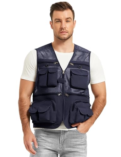 Flygo Men's Fishing Vest Utility Lightweight Outdoor Travel Safari Photo Cargo Vest with 16 pockets mesh Navy Blue L - Image 3