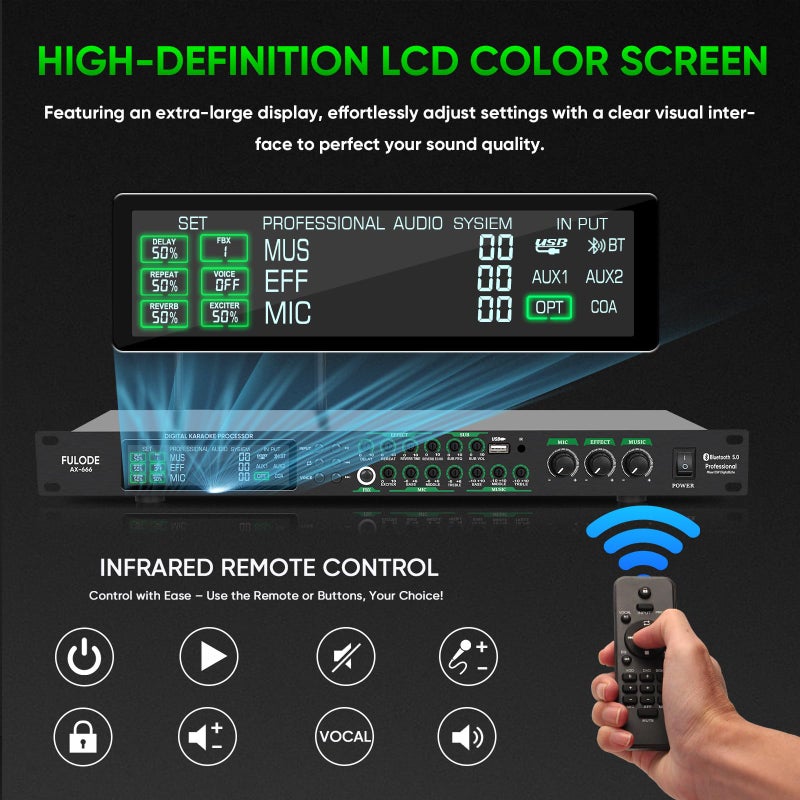 FULODE AX-666 Professional Karaoke Processor KTV Mixer with Dual Wireless Microphones, Digital Pre-Stage Effector Audio Vocal Effects Processor System with DSP Anti-Howling USB MP3 Bluetooth Optical - Image 4