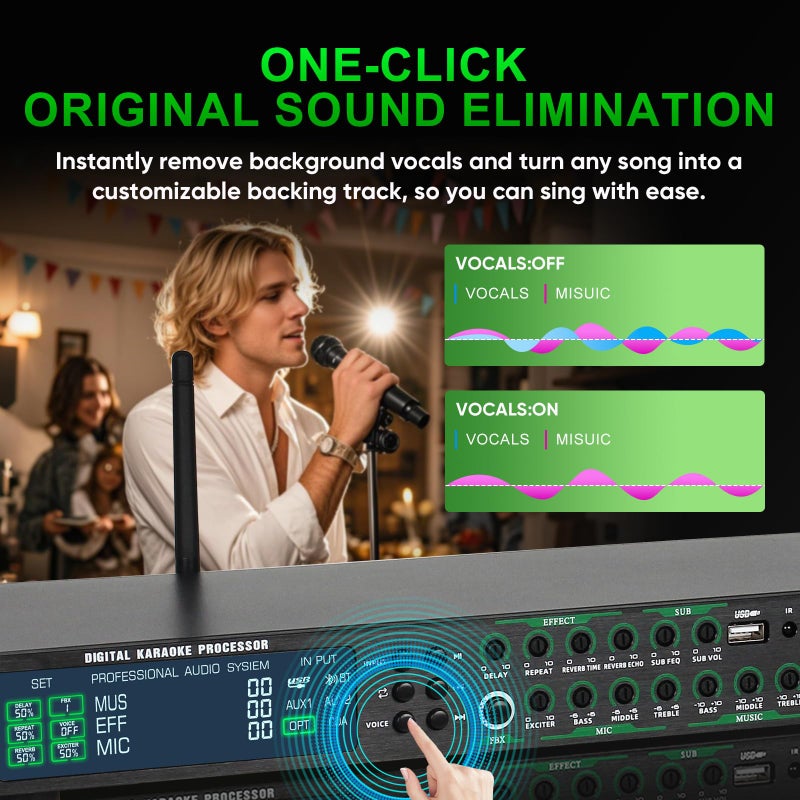 FULODE AX-666 Professional Karaoke Processor KTV Mixer with Dual Wireless Microphones, Digital Pre-Stage Effector Audio Vocal Effects Processor System with DSP Anti-Howling USB MP3 Bluetooth Optical - Image 5