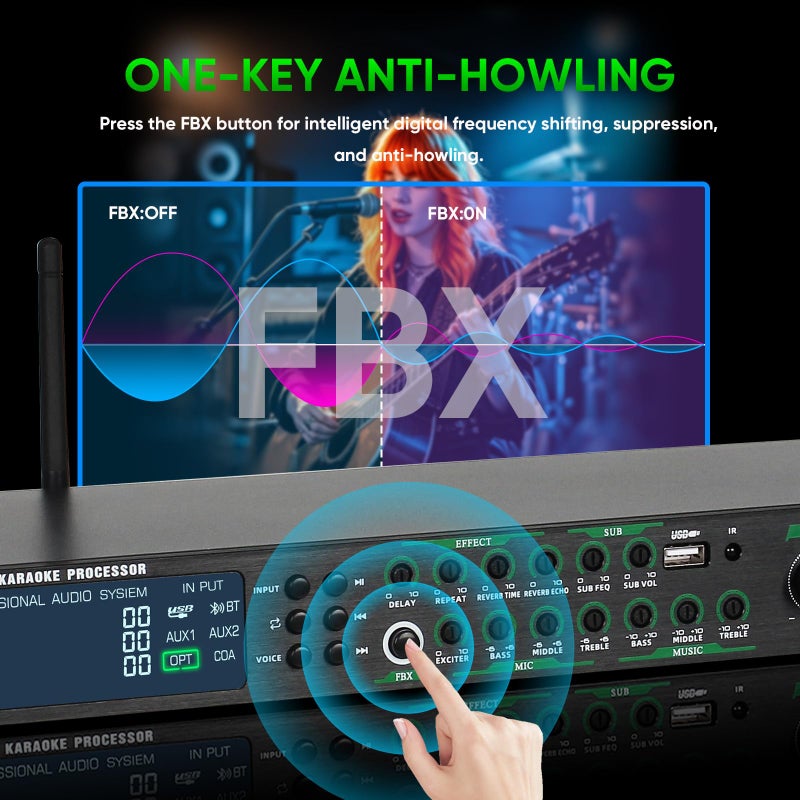 FULODE AX-666 Professional Karaoke Processor KTV Mixer with Dual Wireless Microphones, Digital Pre-Stage Effector Audio Vocal Effects Processor System with DSP Anti-Howling USB MP3 Bluetooth Optical - Image 3
