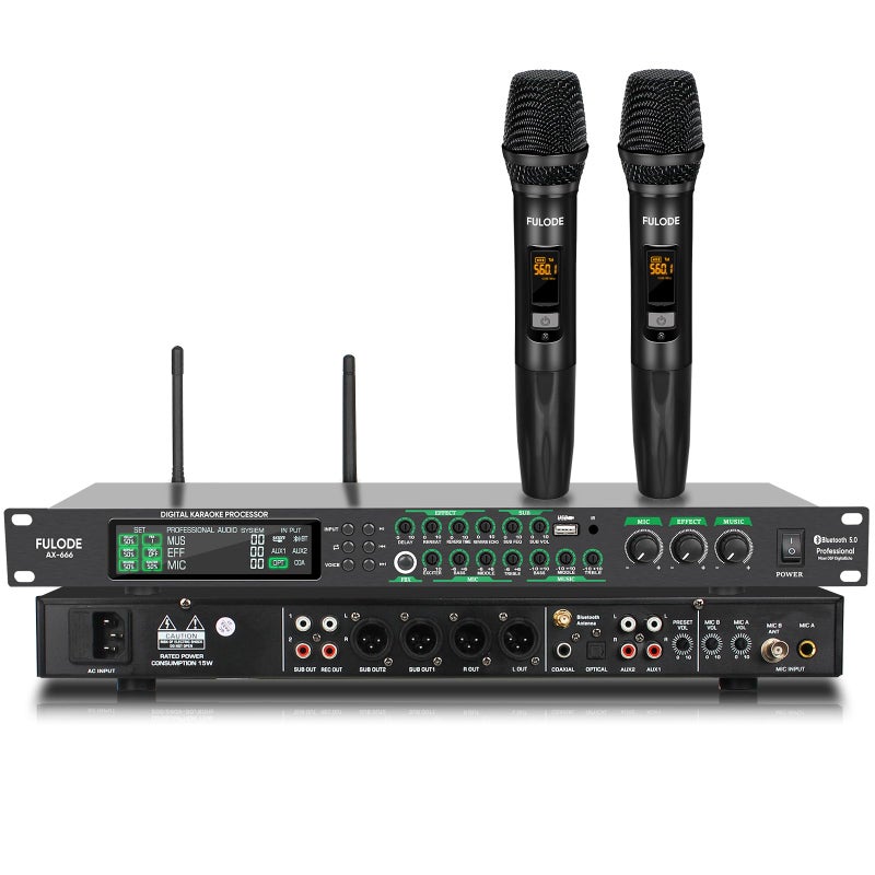 FULODE AX-666 Professional Karaoke Processor KTV Mixer with Dual Wireless Microphones, Digital Pre-Stage Effector Audio Vocal Effects Processor System with DSP Anti-Howling USB MP3 Bluetooth Optical - Image 1