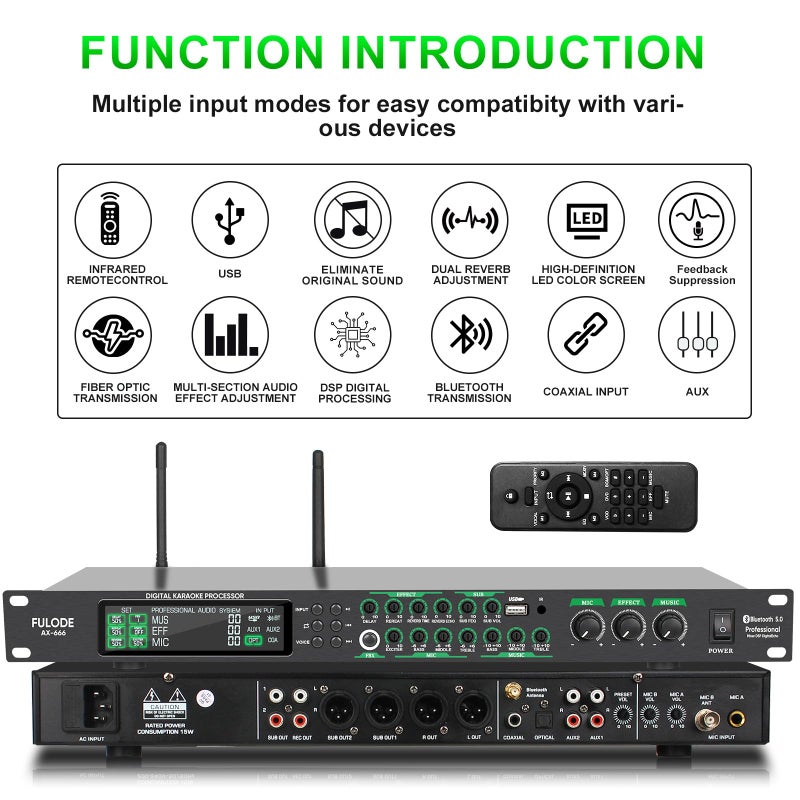 FULODE AX-666 Professional Karaoke Processor KTV Mixer with Dual Wireless Microphones, Digital Pre-Stage Effector Audio Vocal Effects Processor System with DSP Anti-Howling USB MP3 Bluetooth Optical - Image 2