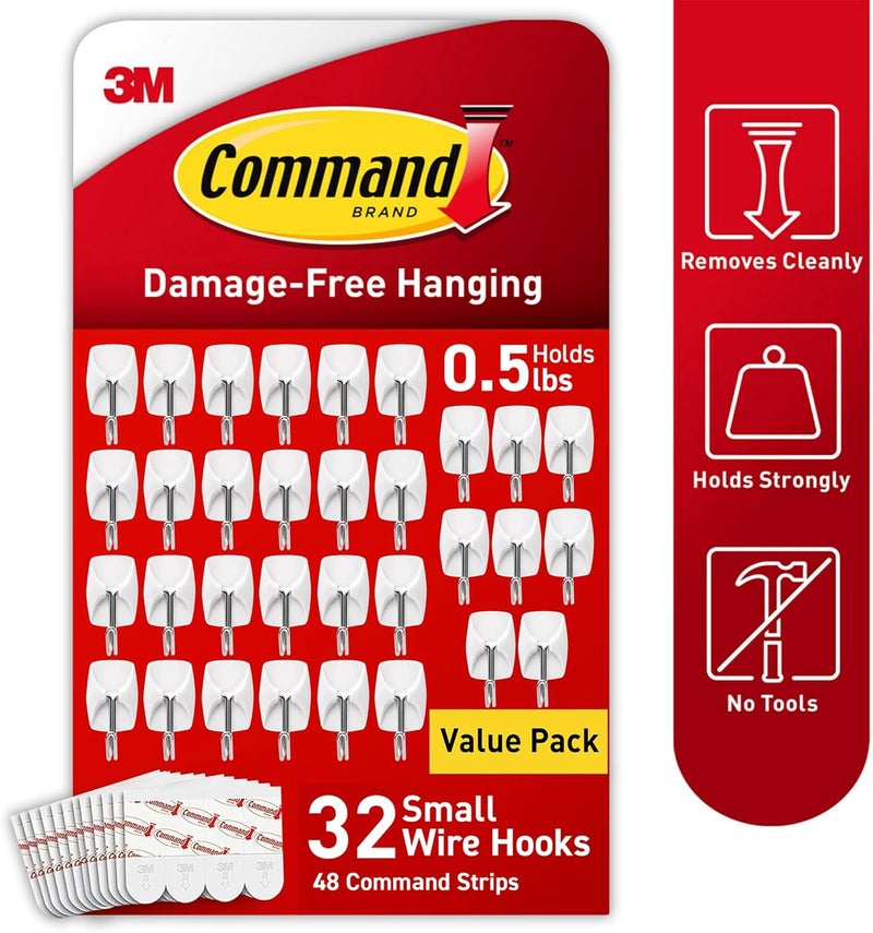 Command Small Wire Toggle Hooks, 32 Count, and 48 Strips, Damage Free Hanging Wall Hooks with Adhesive Strips, No Tools Required for Hanging, Organization and Storage, Holds up to 0.5 lb - Image 3