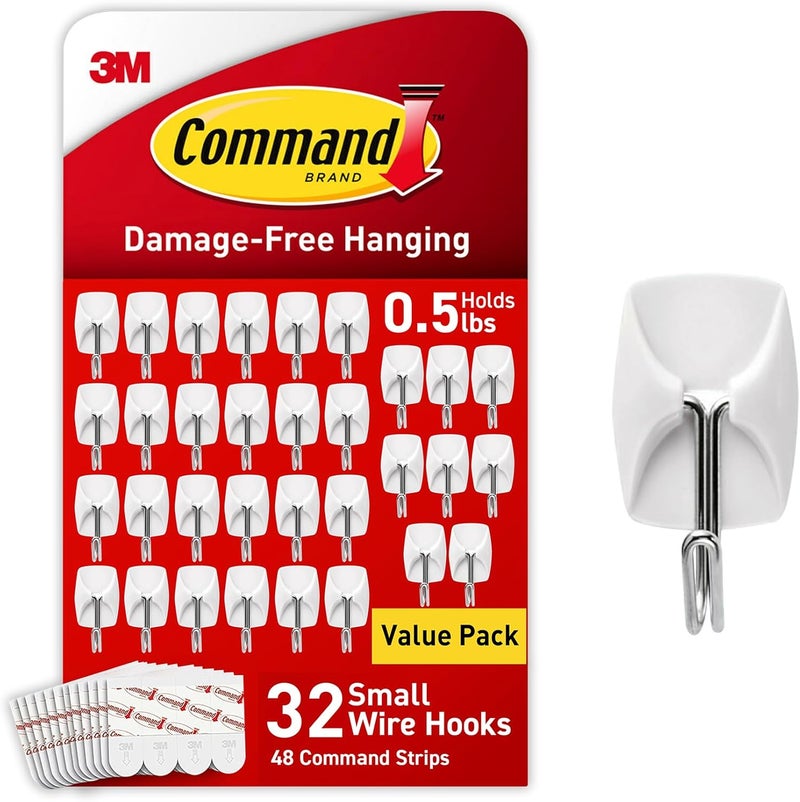 Command Small Wire Toggle Hooks, 32 Count, and 48 Strips, Damage Free Hanging Wall Hooks with Adhesive Strips, No Tools Required for Hanging, Organization and Storage, Holds up to 0.5 lb - Image 1
