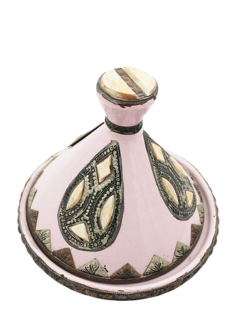 Antique Museum Moroccan Handmade Tajeen (Food Pot) With Metal And Bone Work 22 cm  - Image 2
