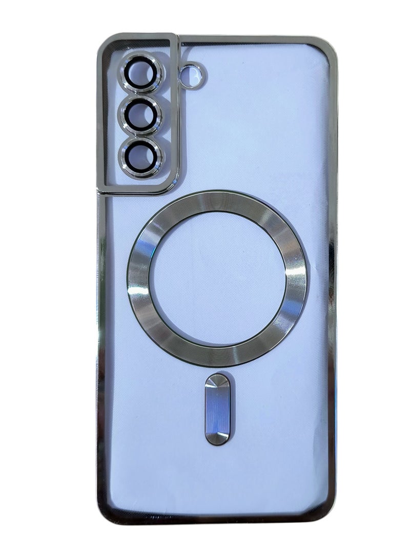 For Samsung Galaxy S21 FE 5G Plated CD Texture MagSafe Acrylic Hybrid TPU Phone Case(Gray) 