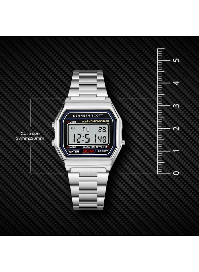 KENNETH SCOTT Men's Stainless Steel Digital Watch K25206-SBSB - 33x36 mm