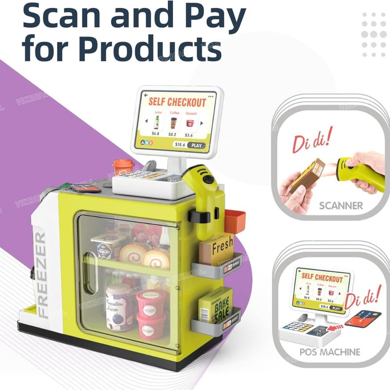 VikriDa 46-Piece Pretend Play Cash Register Toy Set with Water Outlet Function - Calculator, Shopping Bag, Scanners, Credit Cards, Coffee Machine, Play Food - Gift for Boys and Girls Ages 3+, Green - Image 2