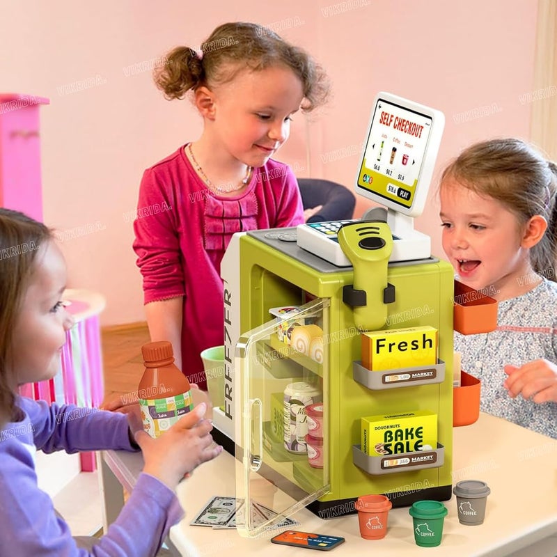 VikriDa 46-Piece Pretend Play Cash Register Toy Set with Water Outlet Function - Calculator, Shopping Bag, Scanners, Credit Cards, Coffee Machine, Play Food - Gift for Boys and Girls Ages 3+, Green - Image 4