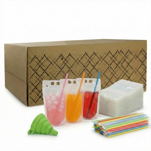C CRYSTAL LEMON 400PCS Drink Pouches with 400 Straws Reusable Juice and Smoothie Bags with Zipper Seal BPAFree StandUp Plastic Pouches for Party Travel Camping Bulk Drinks - Image 2