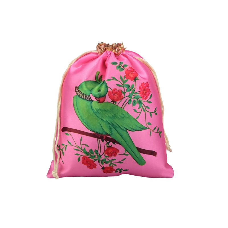 Kuber Industries 10 Pcs Satin 7x9 Inch Potli Bags for Women | Wedding Return Gift Potli | Ladies Potli Pouches for Party, Birthday, Shagun | Drawstring Jewellery Pouch | Parrot Design - Yellow & Pink - Image 2