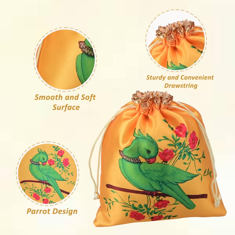 Kuber Industries 10 Pcs Satin 7x9 Inch Potli Bags for Women | Wedding Return Gift Potli | Ladies Potli Pouches for Party, Birthday, Shagun | Drawstring Jewellery Pouch | Parrot Design - Yellow & Pink - Image 5