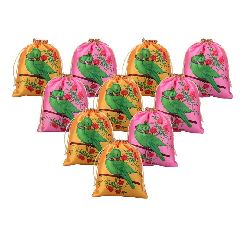 Kuber Industries 10 Pcs Satin 7x9 Inch Potli Bags for Women | Wedding Return Gift Potli | Ladies Potli Pouches for Party, Birthday, Shagun | Drawstring Jewellery Pouch | Parrot Design - Yellow & Pink - Image 1