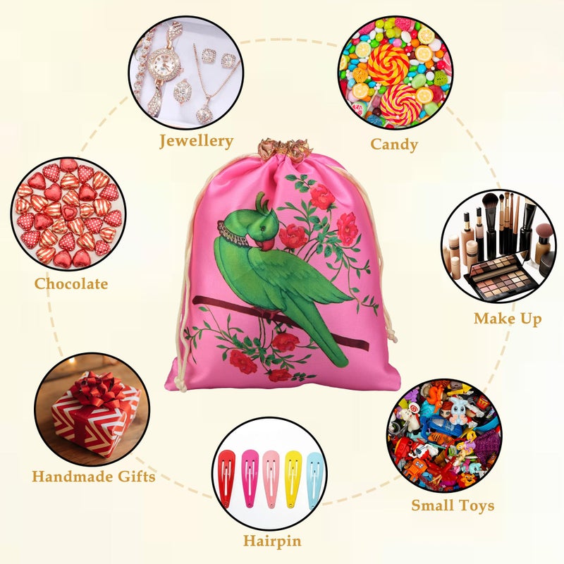 Kuber Industries 10 Pcs Satin 7x9 Inch Potli Bags for Women | Wedding Return Gift Potli | Ladies Potli Pouches for Party, Birthday, Shagun | Drawstring Jewellery Pouch | Parrot Design - Yellow & Pink - Image 4