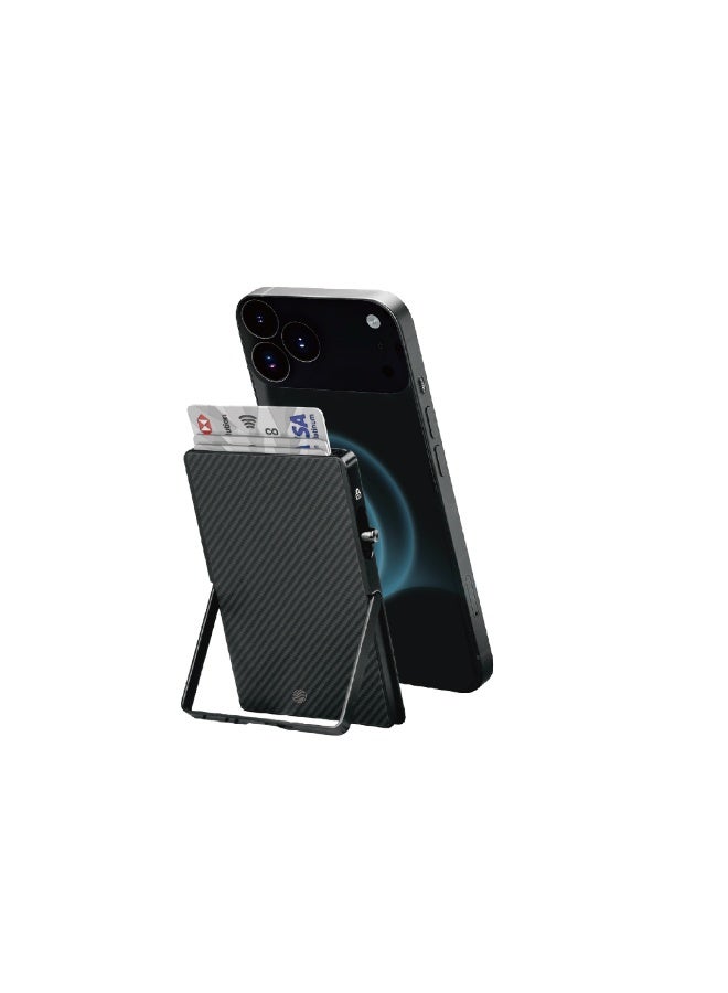 FIFTH ELEMENT VAULT MagSafe Aramid Fibre & Aluminium Card Holder Wallet with Stand for iPhone, 6-Card Slim Magnetic Mag Wallet – Black - Image 1