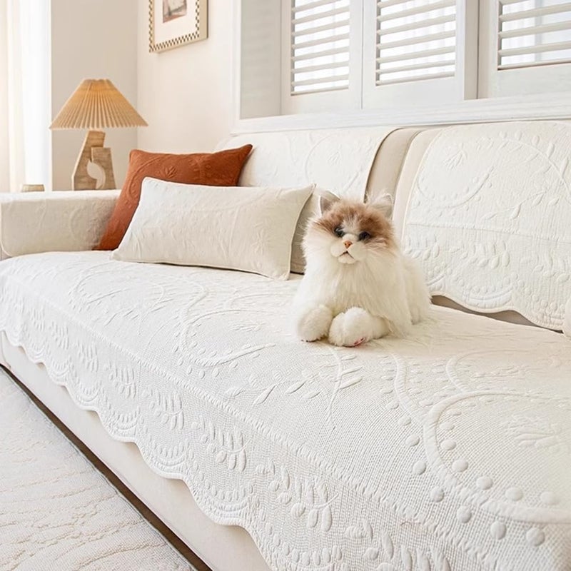 XSlive Leaf Floral Cotton Quilted Dog Couch Cover for Sofa Farmhouse Rustic Embroidered Sectional Couch Cover Soft AntiSlip Sofa Slipcover Furniture Protector for Kids Pets White28x28