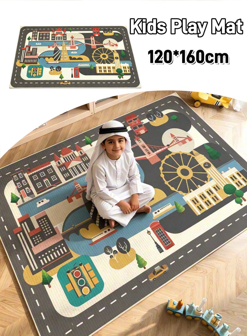 120×160cm Kids Carpet Playmat Rug, Anti-Slip Play Mat , Early Education Crawling Mat, Town City Road Rug for Playroom Bedroom, City Life Road Traffic Educational Carpet Play Rug for Kids Baby - Image 1