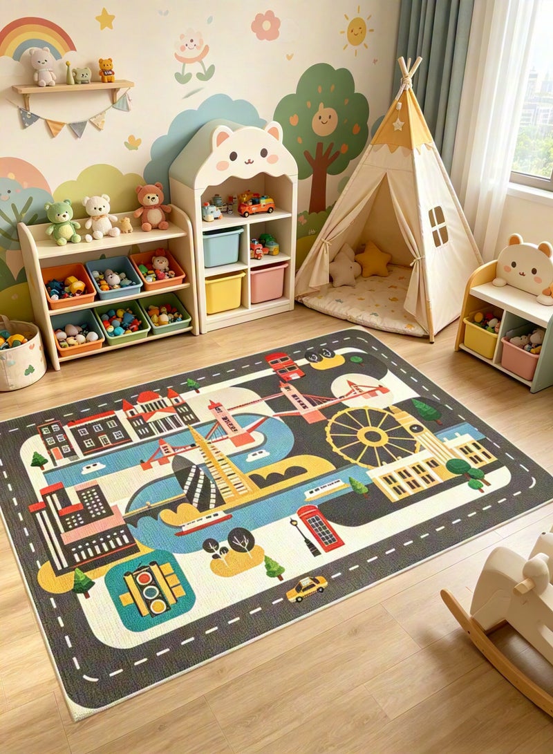120×160cm Kids Carpet Playmat Rug, Anti-Slip Play Mat , Early Education Crawling Mat, Town City Road Rug for Playroom Bedroom, City Life Road Traffic Educational Carpet Play Rug for Kids Baby - Image 3