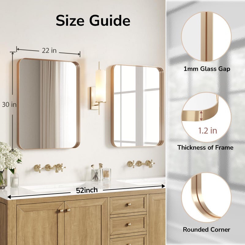 USHOWER Gold Bathroom Mirrors 22"x30" 2 Pack, Brushed Gold Rounded Rectangle Mirrors for Over Sink, Aluminum Frame, Anti-Rust, Tempered Glass, Horizontal or Vertical Mounted - Image 2
