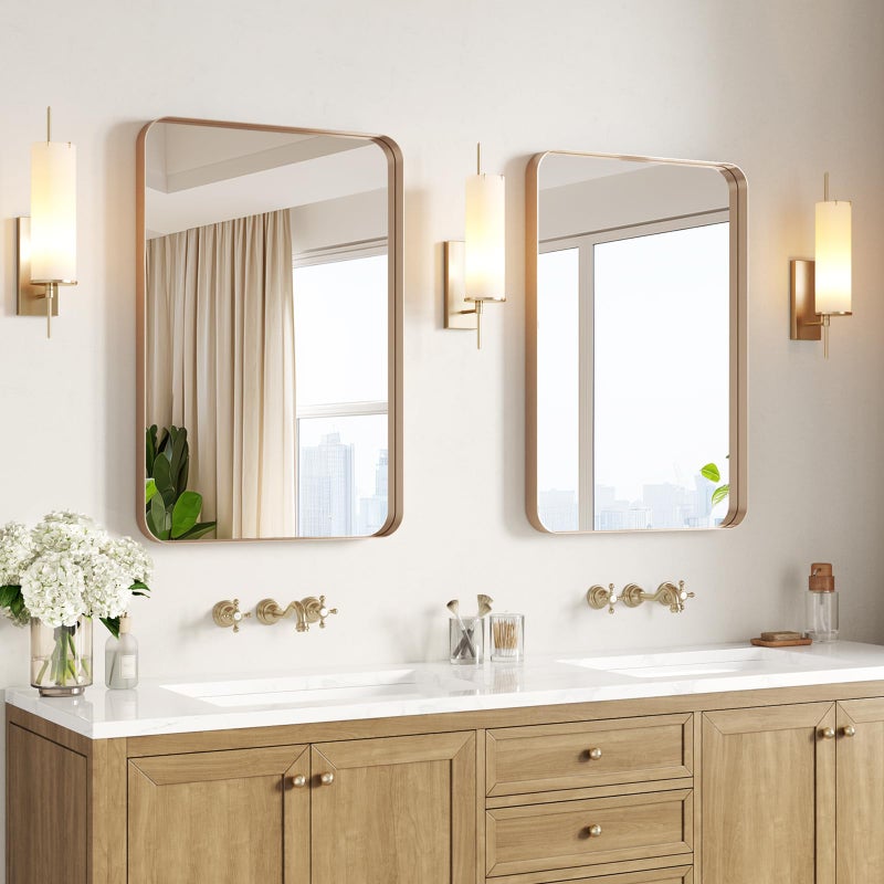 USHOWER Gold Bathroom Mirrors 22"x30" 2 Pack, Brushed Gold Rounded Rectangle Mirrors for Over Sink, Aluminum Frame, Anti-Rust, Tempered Glass, Horizontal or Vertical Mounted - Image 1