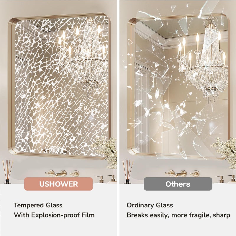 USHOWER Gold Bathroom Mirrors 22"x30" 2 Pack, Brushed Gold Rounded Rectangle Mirrors for Over Sink, Aluminum Frame, Anti-Rust, Tempered Glass, Horizontal or Vertical Mounted - Image 4