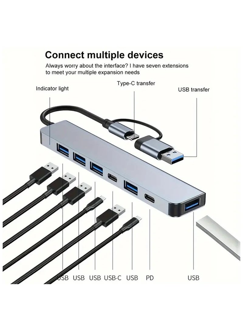 موزع USB C موزع USB 7 في 1 محول USB متعدد المنافذ مع 5 منافذ USB 1 منفذ شحن USB-C 60 وات PD لأجهزة MacBook Pro/iPad Pro/Surface Pro/HP كمبيوتر محمول/هواتف Galaxy - Image 5