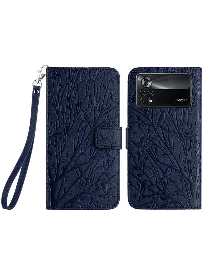 The Bros Case For Xiaomi Poco X4 Pro 5G Tree Birds Embossed Pattern Leather Phone Case