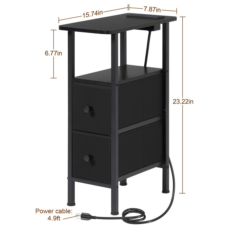 LOAKEKEL Narrow End Table Living Room with Charging Station, Skinny Side Table with Fabric Drawers, Slim Nightstand for Bedroom, Small Spaces, Couch, Black, HETNDP02BK-1 - Image 5