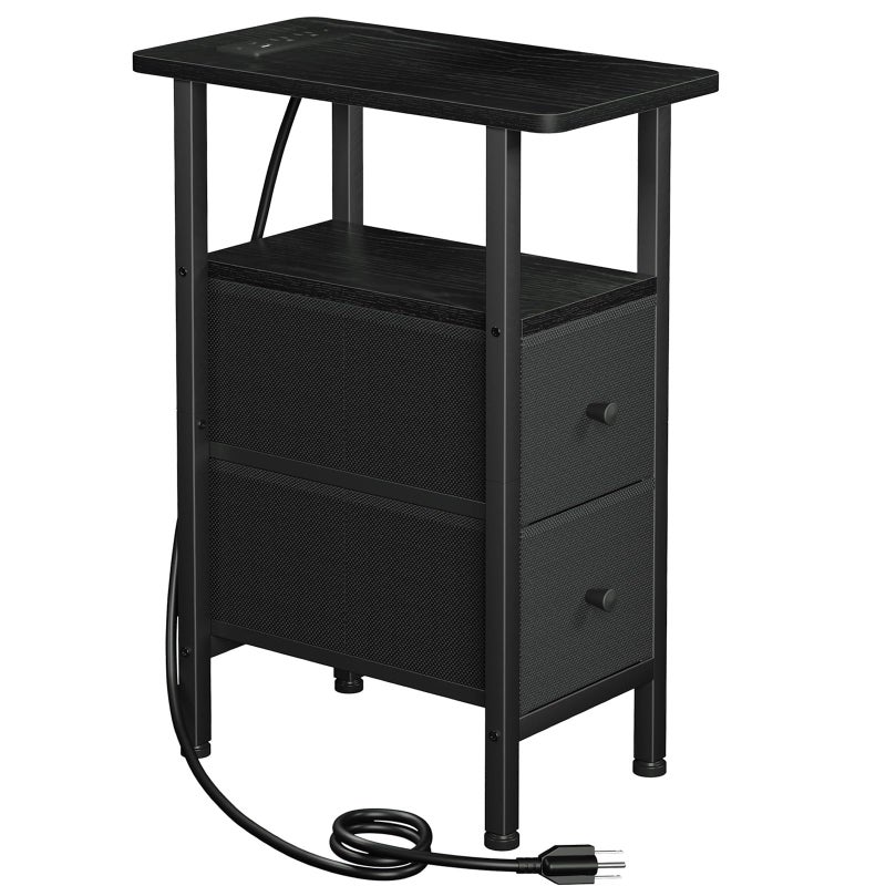 LOAKEKEL Narrow End Table Living Room with Charging Station, Skinny Side Table with Fabric Drawers, Slim Nightstand for Bedroom, Small Spaces, Couch, Black, HETNDP02BK-1 - Image 1